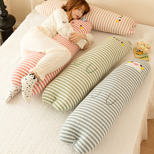 SnuggleYing Three-Layer Gauze Striped Long Cushion Pillow with PP Cotton Filling